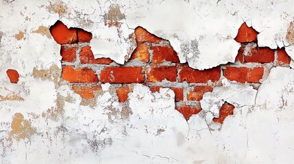 A close-up of an aged wall featuring cracked paint and exposed red bricks, offering a vintage and rustic aesthetic.