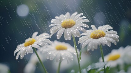 Sticker - White daisies with yellow centers are covered in raindrops as they are being rained on.