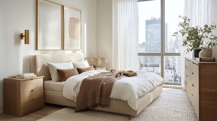 Wall Mural - a serene organic modern bedroom in a new york city appartement