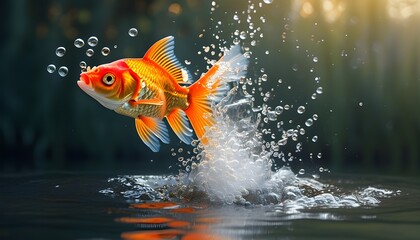 Wall Mural - Dynamic splash of a goldfish leaping from water with trailing bubbles in a vibrant aquatic scene