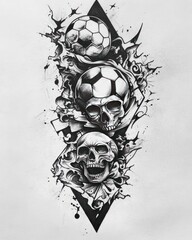 A black and white illustration of two skulls and a soccer ball.