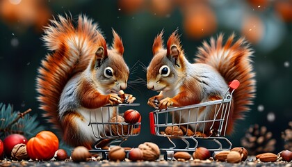 Wall Mural - Adorable red squirrels joyfully shopping for nuts in a miniature shopping cart