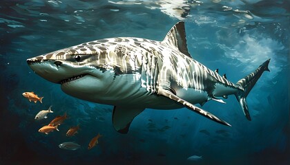 Wall Mural - Predatory encounter in murky depths: a great white shark approaches a small fish