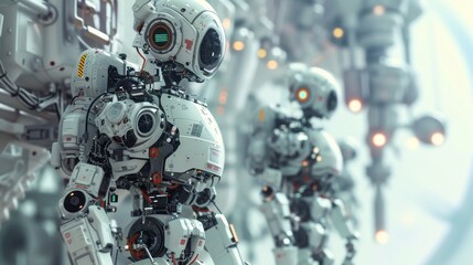 Wall Mural - Humanoid robots stand in a highly advanced factory, waiting in line for their next task. The image captures the future of industrial automation, with sleek designs and cutting-edge robotics technology