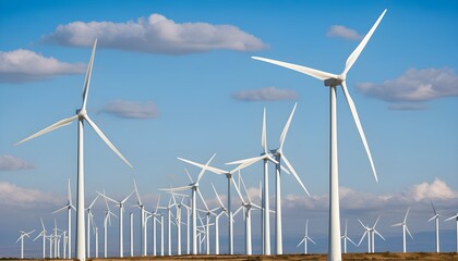 Wall Mural - Graceful wind turbines spinning in clear blue skies, symbolizing the evolution of green energy solutions and sustainable living