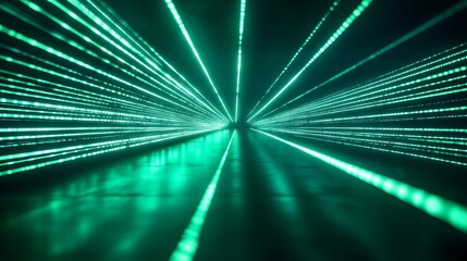 Wall Mural - Visualize an empty dark space filled with glowing green fluorescent laser lights, creating an energetic party vibe. The abstract background allows for clear copy space, perfect for showcasing event