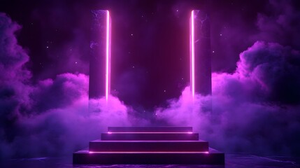 Wall Mural - Depict a vibrant podium with a galaxy theme, framed by neon lights in a cyberpunk style. The scene is filled with glowing purple hues and a misty ambiance, perfect for showcasing high-tech products