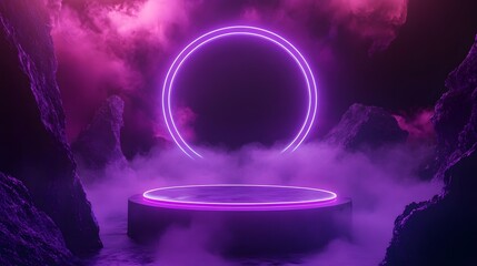 Wall Mural - depict a vibrant podium with a galaxy theme, framed by neon lights in a cyberpunk style. the scene i