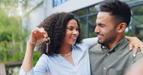 Canvas Print - Couple, care and new home with keys, hug and smile together from property investment outdoor. Mortgage, opportunity and African people from with real estate, marriage and commitment with support