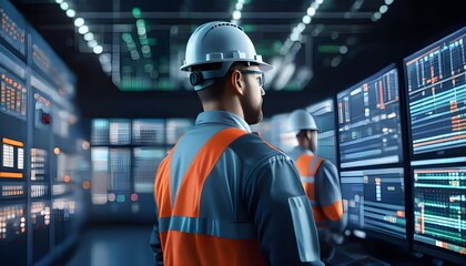 Engineer in safety gear managing advanced clean energy systems in a high-tech control room