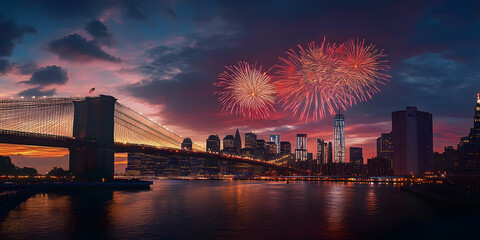 New York Manhattan panorama of Brooklyn Bridge with America USA flag, vanilla sky lots of fireworks at sunset. 4 July Independence Day celebration