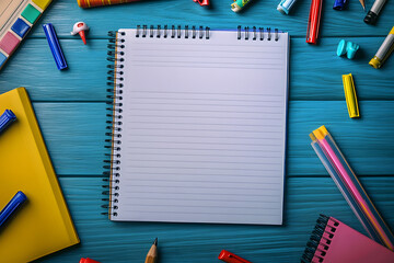 Poster - Top view of student desk in classroom. Blank notebook, a pencil, an eraser, and some colorful markers. Mockup free copy space on the notebook pages for adding custom designs or text.