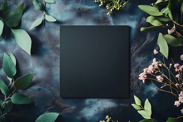 Stylish elegant flat lay black floristic greeting invitation post card with copy space mockup.