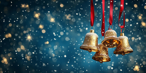 golden bells with red ribbons hang against snowy blue background, creating festive atmosphere filled