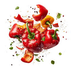 Exploding vibrant red and yellow bell peppers with spices, isolated on a white background. High-resolution stock photo.
