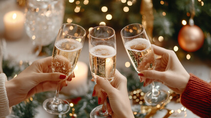 Cheers to festive celebration with sparkling drinks in elegant flutes, surrounded by beautifully decorated Christmas tree and warm candlelight. atmosphere is joyful and inviting