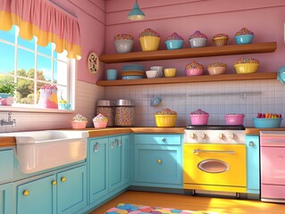 A colorful and cheerful kitchen with a pink and blue color scheme, filled with colorful cupcakes and candy.