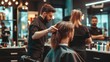 © phattharabodin - A hairstylist giving a client a haircut in a trendy salon, with other clients and stylists working in the background.