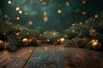 wooden table with a dark green background and golden lights, Christmas tree branches for product display or presentation blurred snowflakes falling in the air