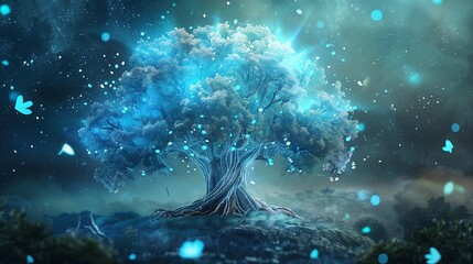 Canvas Print - Large tree glows with a vibrant blue light in a dark forest. It's a magical, fantasy scene that evokes a sense of wonder and tranquility.