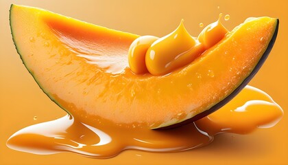 Vibrant close-up of a juicy mango slice with cascading juice, showcasing its luscious texture and inviting colors for food and drink themes.