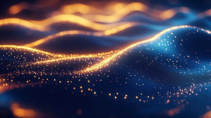 Wall Mural - Abstract Digital Landscape with Glowing Particles and Waves in Blue and Gold Tones