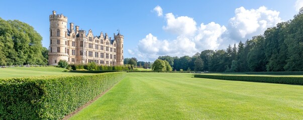 castle with garden, field and pathway on bright sunny day