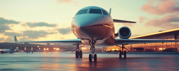 Close-up of a luxury jet parked outside with businesspeople waiting. Concept for luxury travel and corporate transportation.