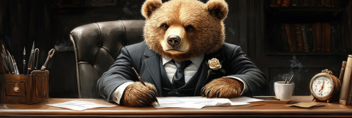 Sticker - A brown bear dressed in a suit signs a document at his desk.