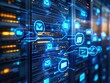 © Alex - Enhance Your Space: Futuristic Poster Featuring Blurred Server Racks and Luminous User Icons, Celebrating the Fusion of Technology and User Experience in Modern Interiors