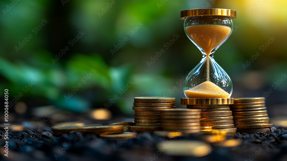 modern sand hourglass atop a stack of coins, symbolizing the passage of ...