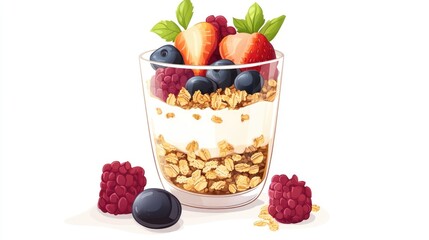 A yogurt parfait with granola and fresh fruits, healthy breakfast food, vector illustration, clean lines, isolated on white background 