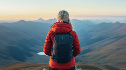 A woman in red jacket stands on mountain peak, gazing at breathtaking landscape of rolling hills and distant mountains. serene atmosphere evokes sense of adventure and tranquility