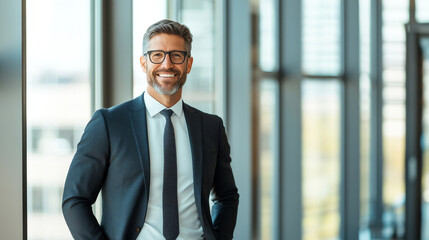 Wall Mural - A confident businessman stands in modern office environment, showcasing professional demeanor with warm smile. His stylish attire and glasses add to his approachable yet sophisticated look