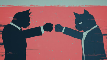 Wall Mural - Two cats in suits bump fists against a pink background.