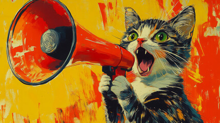 Sticker - A cat with green eyes holds a red megaphone and yells.