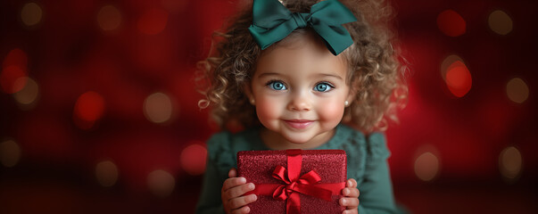 Wall Mural - Adorable smiling baby girl in elegant dress holding christmas present. Banner with red magical copyspace. Shallow depth of field.