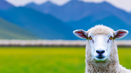 Wall Mural - A close-up of a white sheep staring directly at the camera.