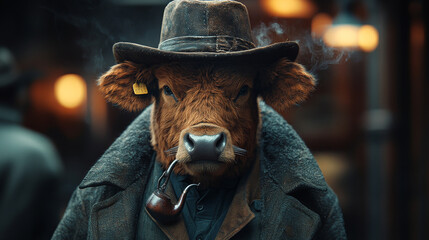 Poster - A cow in a hat, coat, and smoking a pipe.