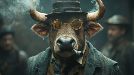 A bull wearing a hat and glasses smokes a pipe.