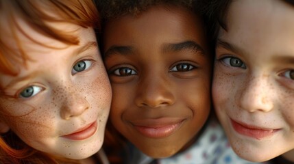 Wall Mural - A close-up of three kids with different skin tones, smiling brightly