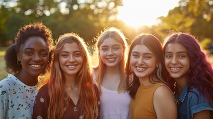 Wall Mural - A group of young women from various races, all smiling and standing closely together