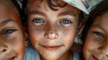 Wall Mural - A heartwarming close-up of three kids from different backgrounds, their faces close together