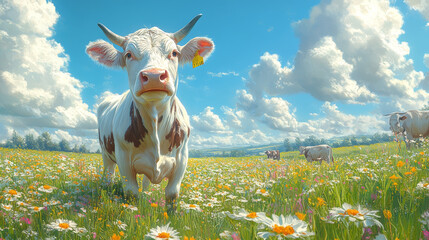 Sticker - A white and brown cow stares into the camera while standing in a field of daisies.