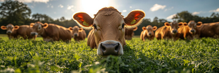 Sticker - A herd of brown cows graze in a lush green field.