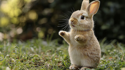 Canvas Print - Cute bunny rabbit standing on its hind legs in green grass.