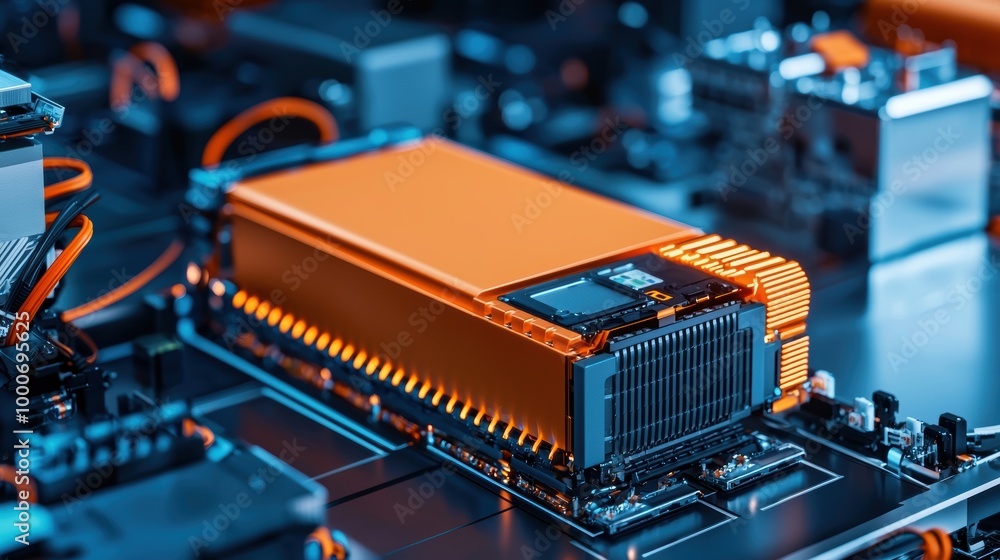 High tech computer hardware featuring orange GPU on circuit board ...