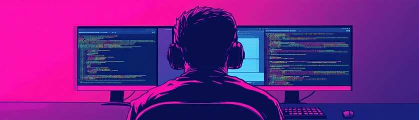 Developer working on computer with dual monitors, coding in a vibrant, colorful workspace, wearing headphones, focused on programming.