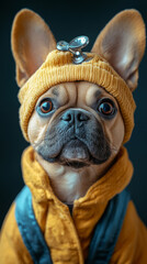 Poster - Cute French bulldog wearing a yellow beanie and jacket.