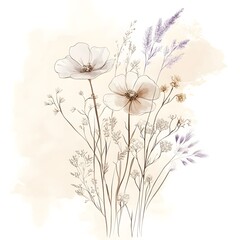 Wall Mural - Watercolor wildflower bouquet, illustration with a white background, soft pink and lavender colors,